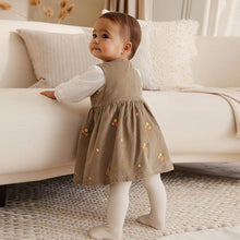 Load image into Gallery viewer, Olive Green Embroidered Baby Cord Pinafore Long Sleeve Bodysuit &amp; Tights Set (0-18mths)
