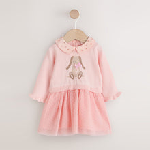 Load image into Gallery viewer, Pink Bunny Baby Knitted Twofer Dress (0-18mths)
