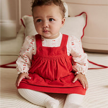 Load image into Gallery viewer, Red Bow Baby Cord Pinafore Long Sleeve Bodysuit &amp; Tights Set (0-18mths)

