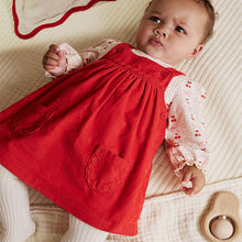 Load image into Gallery viewer, Red Bow Baby Cord Pinafore Long Sleeve Bodysuit &amp; Tights Set (0-18mths)
