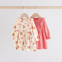 Load image into Gallery viewer, Cream Bear/ Red Cherry Gingham Baby Jersey Dresses 2 Pack (0-18mths)
