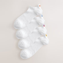 Load image into Gallery viewer, White Embroidered Motif Trainer Socks 4 Pack
