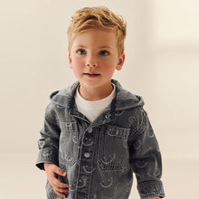 Load image into Gallery viewer, Grey Face Denim Hooded Overshirt (3mths-6yrs)
