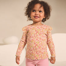 Load image into Gallery viewer, Orange Ditsy Floral Ribbed Long Sleeve Frill T-Shirt (3mths-6yrs)
