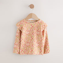 Load image into Gallery viewer, Orange Ditsy Floral Ribbed Long Sleeve Frill T-Shirt (3mths-6yrs)
