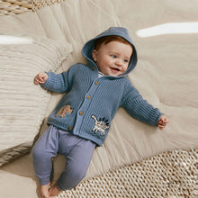 Load image into Gallery viewer, Navy Dinosaur Print Embroidered Baby Knitted Hooded Cardigan (0-18mths)
