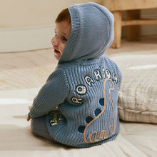 Load image into Gallery viewer, Navy Dinosaur Print Embroidered Baby Knitted Hooded Cardigan (0-18mths)
