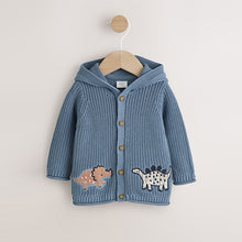 Load image into Gallery viewer, Navy Dinosaur Print Embroidered Baby Knitted Hooded Cardigan (0-18mths)
