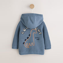 Load image into Gallery viewer, Navy Dinosaur Print Embroidered Baby Knitted Hooded Cardigan (0-18mths)
