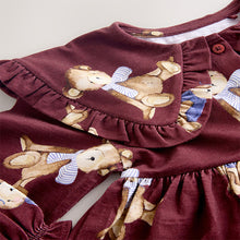 Load image into Gallery viewer, Burgundy Teddy Bear Long Sleeve Collared Dress (3mths-6yrs)
