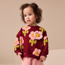 Load image into Gallery viewer, Burgundy Red Smiley Flower Print Crew Neck Sweatshirt (3mths-6yrs)
