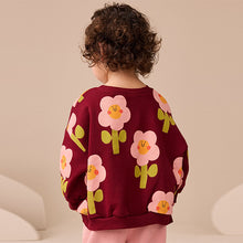 Load image into Gallery viewer, Burgundy Red Smiley Flower Print Crew Neck Sweatshirt (3mths-6yrs)
