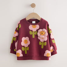 Load image into Gallery viewer, Burgundy Red Smiley Flower Print Crew Neck Sweatshirt (3mths-6yrs)
