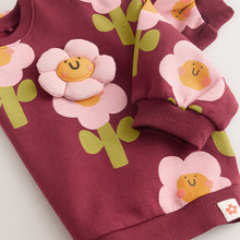 Load image into Gallery viewer, Burgundy Red Smiley Flower Print Crew Neck Sweatshirt (3mths-6yrs)
