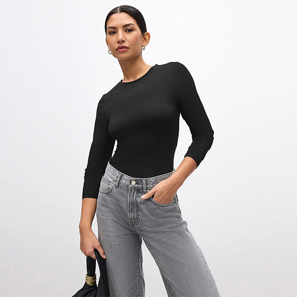 Black Soft Touch Slinky Polyamide Scoop Neck Long Sleeve Top
