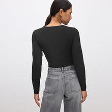 Load image into Gallery viewer, Black Soft Touch Slinky Polyamide Scoop Neck Long Sleeve Top
