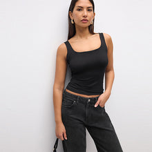 Load image into Gallery viewer, Black Soft Touch Slinky Scoop Neck Vest Top
