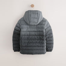 Load image into Gallery viewer, Black/Grey Reflective Quilted Midweight Hooded Jacket (3-12yrs)
