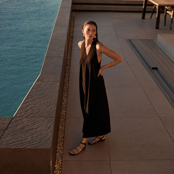 Black Halterneck Maxi Dress With Linen