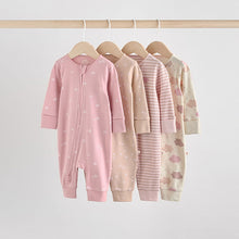 Load image into Gallery viewer, Pink 4 Pack Two Way Zip Baby Sleepsuits (0-18mths)
