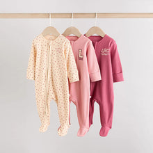 Load image into Gallery viewer, Pink 3 Pack Two Way Zip Baby Sleepsuits (0-18mths)

