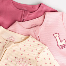 Load image into Gallery viewer, Pink 3 Pack Two Way Zip Baby Sleepsuits (0-18mths)

