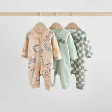 Load image into Gallery viewer, Light Blue 3 pack Baby Two Way Zip Footless Cotton Sleepsuits (0-18mths)
