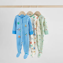 Load image into Gallery viewer, Blue Embroidered Baby Sleepsuits 3 Pack (0-18mths)
