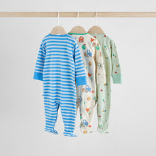 Load image into Gallery viewer, Blue Embroidered Baby Sleepsuits 3 Pack (0-18mths)
