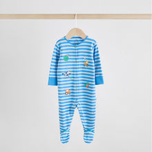 Load image into Gallery viewer, Blue Embroidered Baby Sleepsuits 3 Pack (0-18mths)
