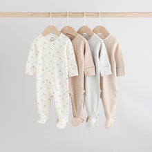 Load image into Gallery viewer, Cream 4 Pack Two Way Zip Baby Sleepsuits (0-18mths)
