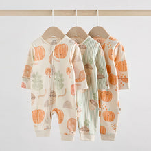 Load image into Gallery viewer, Cream Autumn Pumpkin Two Way Zip Footless Baby Sleepsuits 3 Pack (0-18mths)
