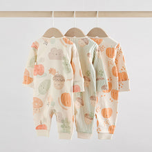 Load image into Gallery viewer, Cream Autumn Pumpkin Two Way Zip Footless Baby Sleepsuits 3 Pack (0-18mths)
