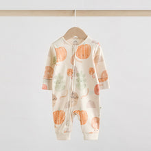 Load image into Gallery viewer, Cream Autumn Pumpkin Two Way Zip Footless Baby Sleepsuits 3 Pack (0-18mths)
