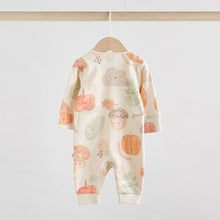 Load image into Gallery viewer, Cream Autumn Pumpkin Two Way Zip Footless Baby Sleepsuits 3 Pack (0-18mths)
