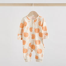 Load image into Gallery viewer, Cream Autumn Pumpkin Two Way Zip Footless Baby Sleepsuits 3 Pack (0-18mths)
