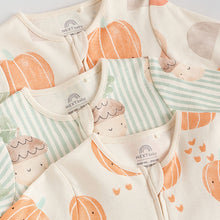 Load image into Gallery viewer, Cream Autumn Pumpkin Two Way Zip Footless Baby Sleepsuits 3 Pack (0-18mths)
