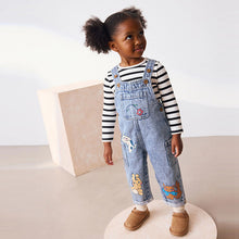 Load image into Gallery viewer, Mid Blue Denim Animal Print Dungarees and Stripe T-Shirt Set (3mths-5yrs)
