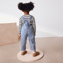 Load image into Gallery viewer, Mid Blue Denim Animal Print Dungarees and Stripe T-Shirt Set (3mths-5yrs)
