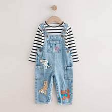 Load image into Gallery viewer, Mid Blue Denim Animal Print Dungarees and Stripe T-Shirt Set (3mths-5yrs)
