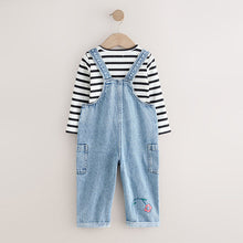 Load image into Gallery viewer, Mid Blue Denim Animal Print Dungarees and Stripe T-Shirt Set (3mths-5yrs)
