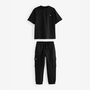 Black 100% Cotton Short Sleeve Utility T-Shirt and Joggers Set