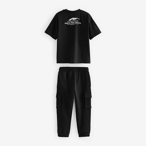 Black 100% Cotton Short Sleeve Utility T-Shirt and Joggers Set