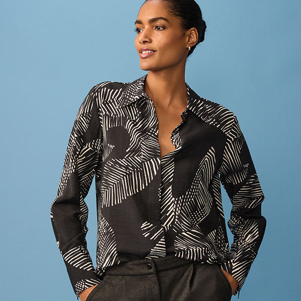 Monochrome Geometric Print Long Sleeve Button Down Shirt