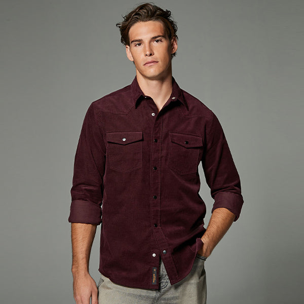 Burgundy Red Cord Twin Pocket Western Long Sleeve 100% Cotton Shirt