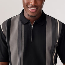 Load image into Gallery viewer, Black/White Vertical Stripe Quarter Zip Polo Shirt
