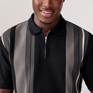 Black/White Vertical Stripe Quarter Zip Polo Shirt