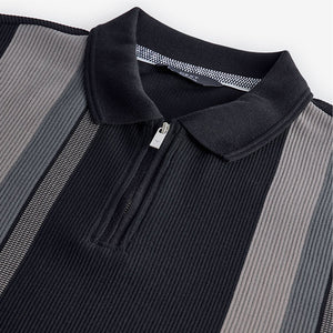 Black/White Vertical Stripe Quarter Zip Polo Shirt