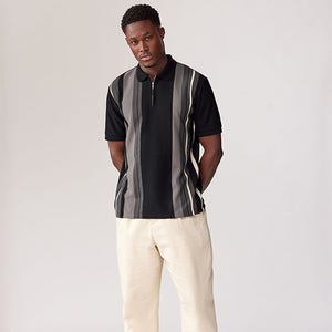 Black/White Vertical Stripe Quarter Zip Polo Shirt