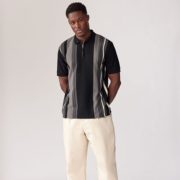 Black/White Vertical Stripe Quarter Zip Polo Shirt